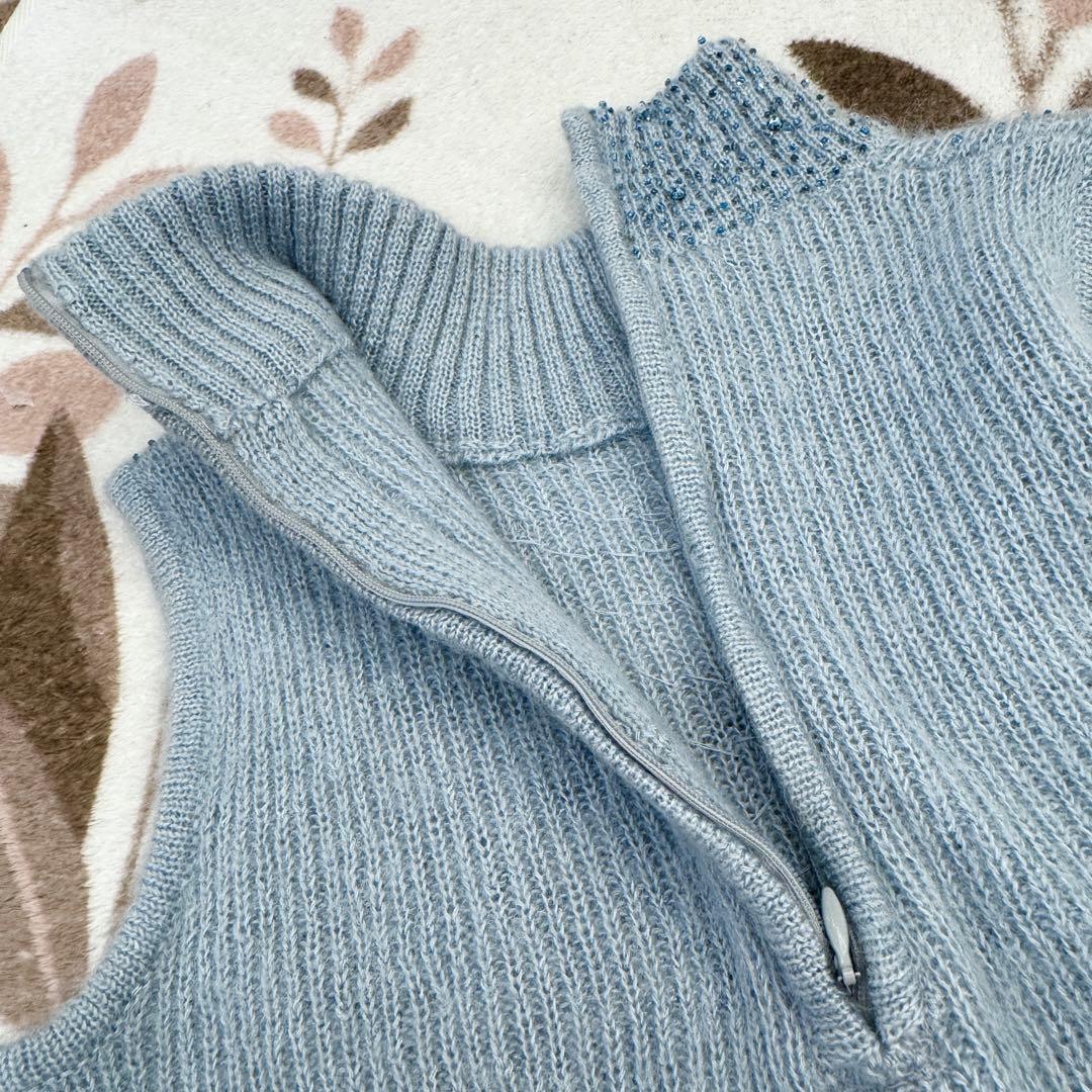 美品 FOXEY ビーズ アンサンブル ニット ブルー シルク 38 モヘヤ M