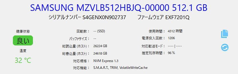 Samsung製の512GB NVMe M.2 SSD 2280