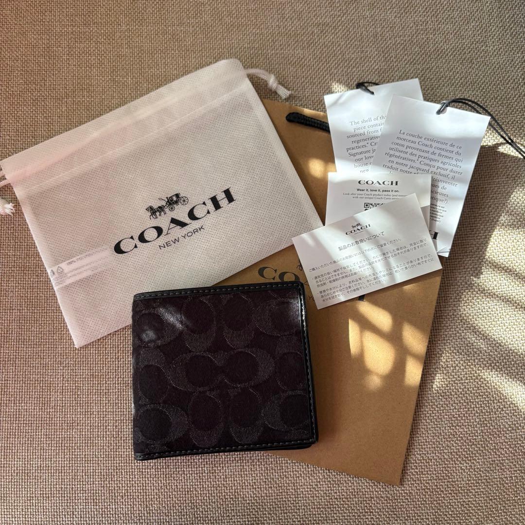 極美品 COACH 二つ折り財布 シグネチャー デニム 黒 コーチ