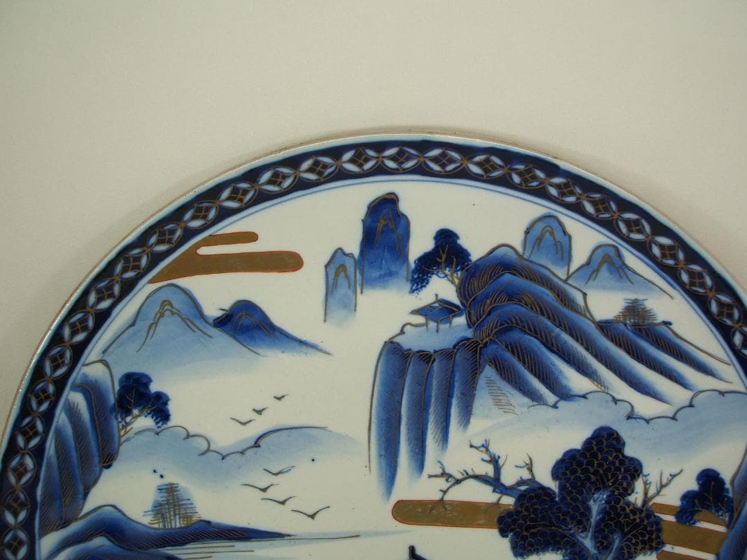 古伊万里・山水風景図・直径402mm・１枚・明治期の古い染付大皿・USED品