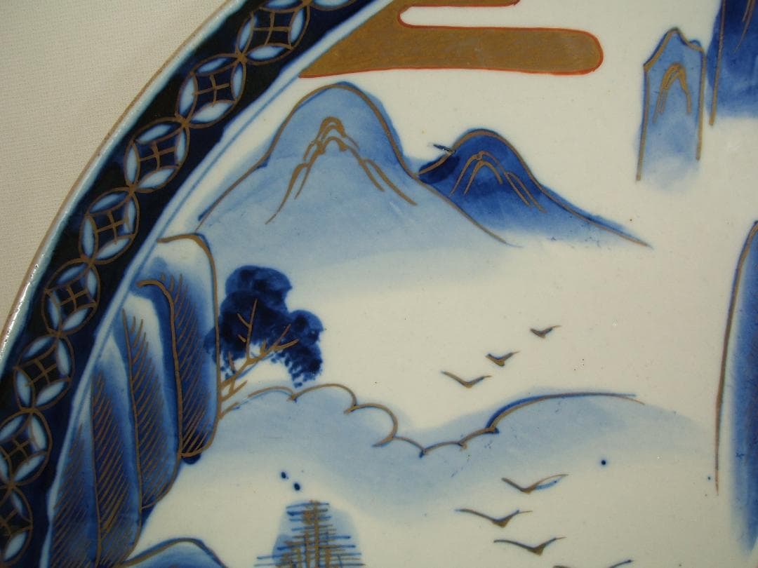 古伊万里・山水風景図・直径402mm・１枚・明治期の古い染付大皿・USED品