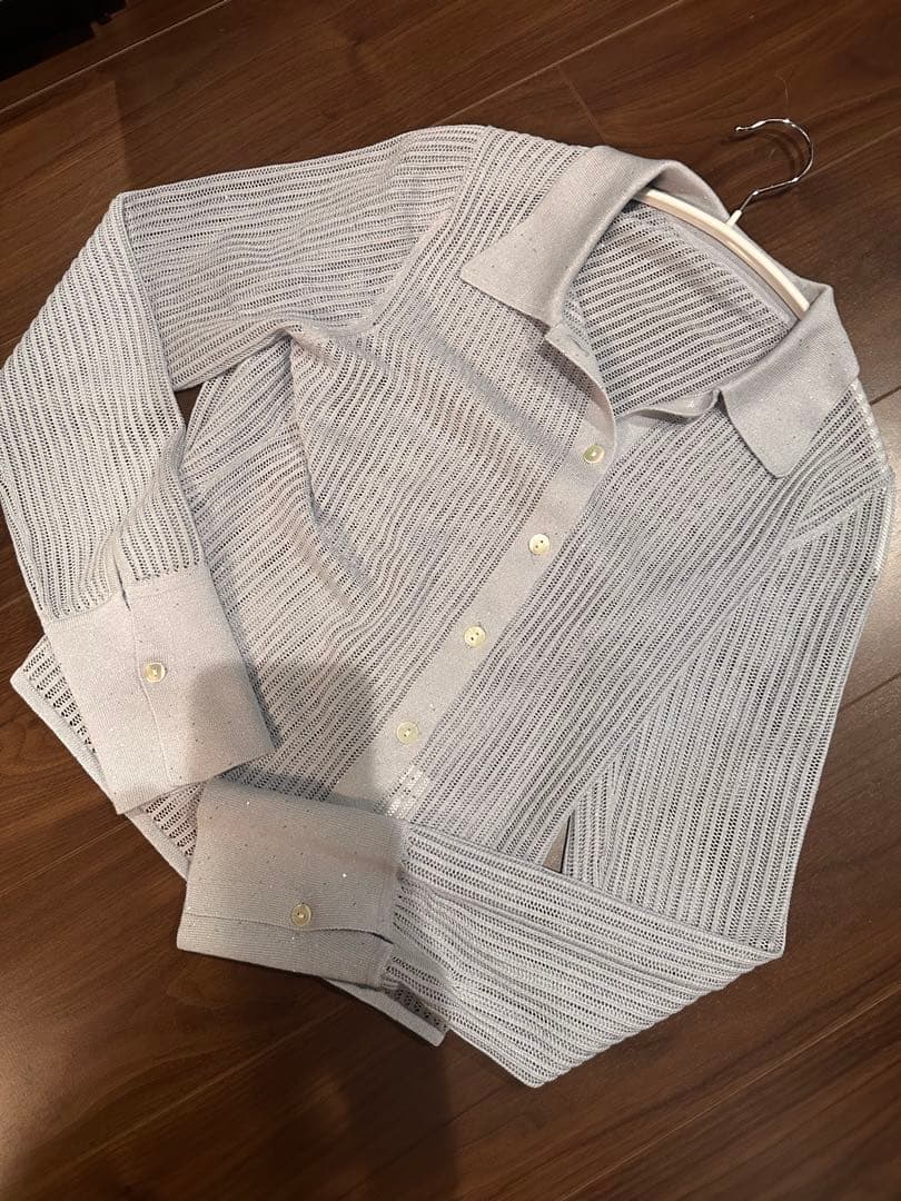 ストライプメッシュポロカラーニット