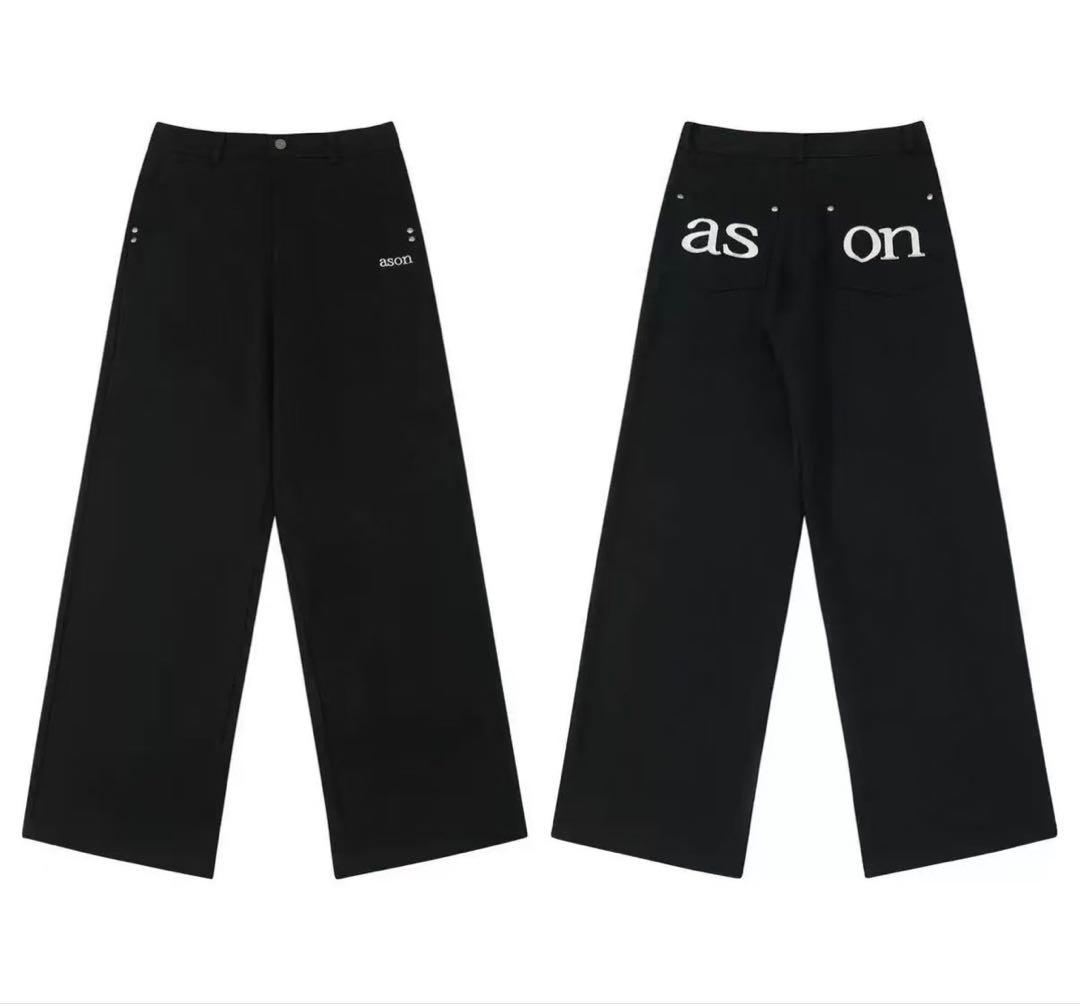 ASON ワイドパンツ ブラック ロゴ ストリート デニム