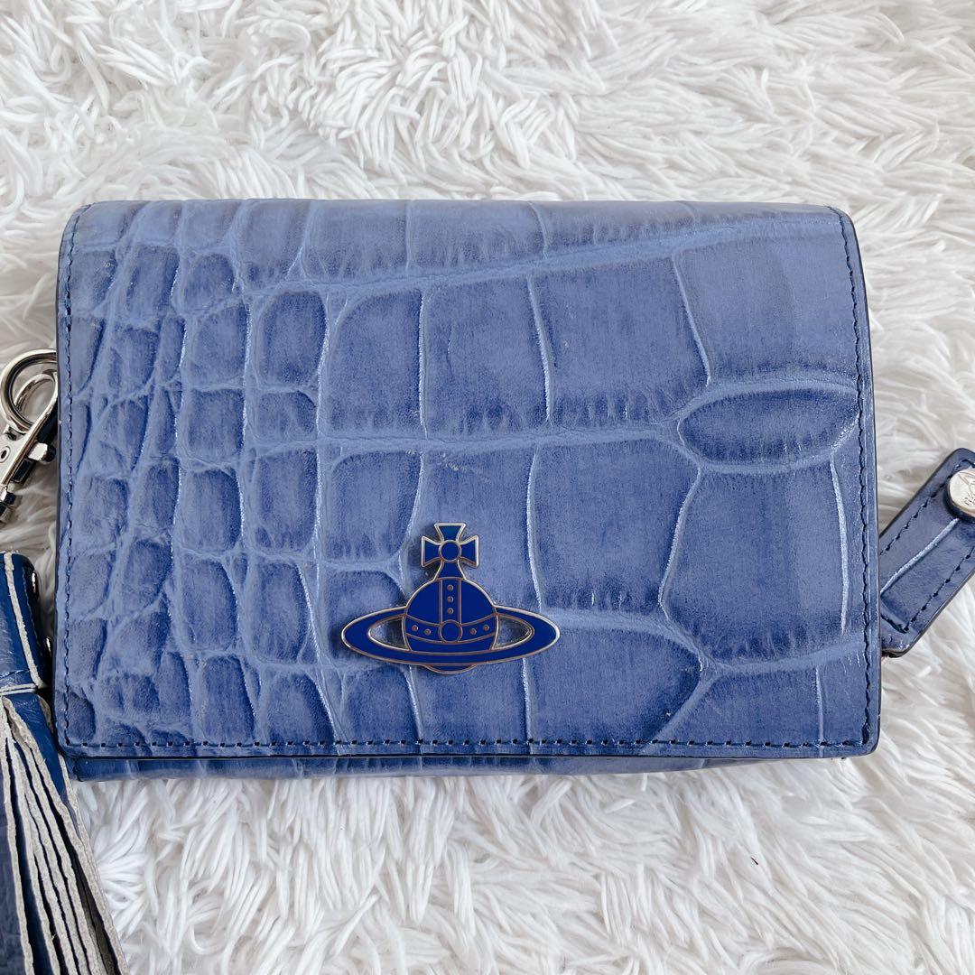 極美品✨Vivienne Westwood 折財布 クロコ型押し　フリンジ　青