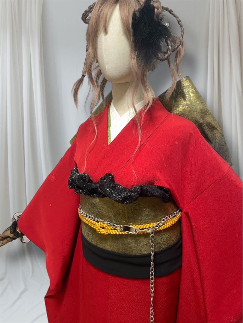 山本寛斎 赤無地 レッド 赤 作家物 成人式 振袖フルセット