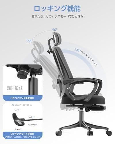 オフィスチェア メッシュ ハイバックチェア　フットレスト付き　ブラック　調節可能