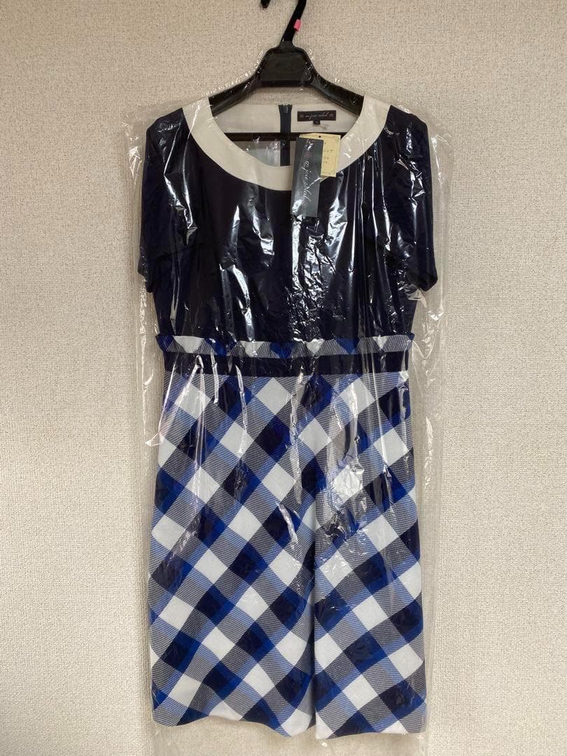 【新品タグ付き】アンジョア 事務服 11号 半袖ワンピース マリンブルーチェック