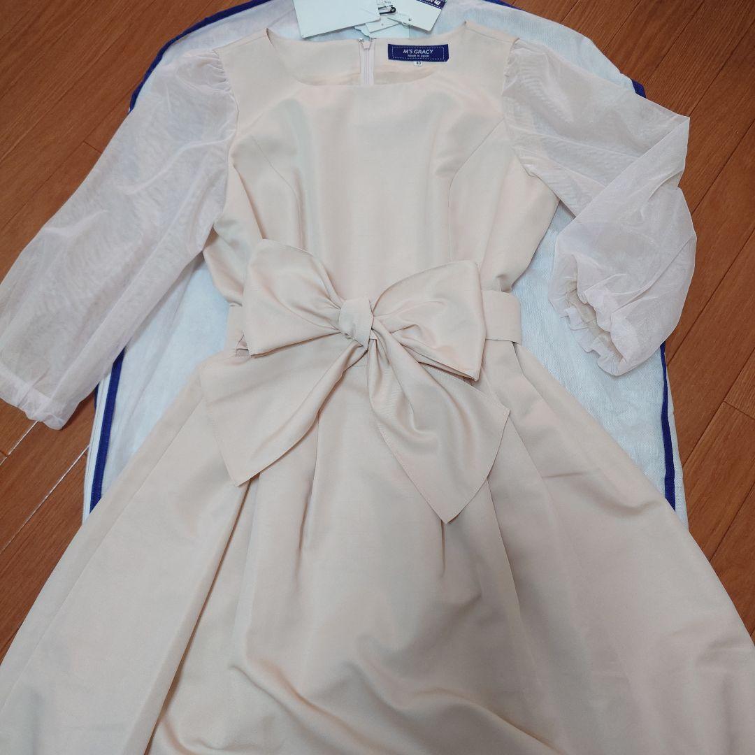 エムズグレイシー☆40☆新品☆オーガンジースリーブ☆ワンピース☆ピンクベージュ