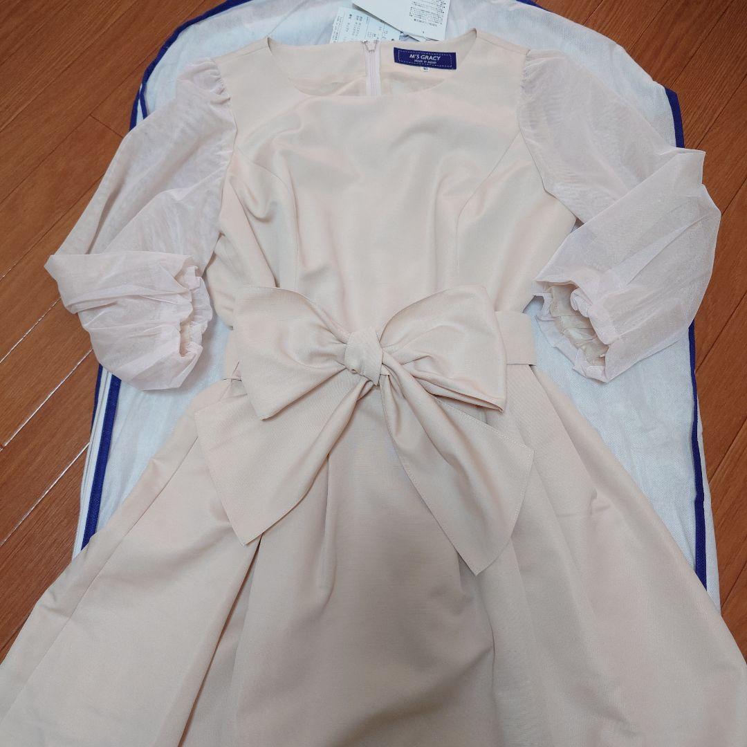 エムズグレイシー☆40☆新品☆オーガンジースリーブ☆ワンピース☆ピンクベージュ