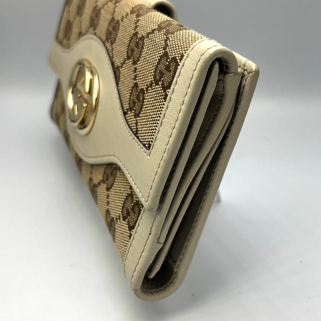 GUCCI グッチ GGキャンバス 二つ折り財布 ベージュ×アイボリー金具ロゴ