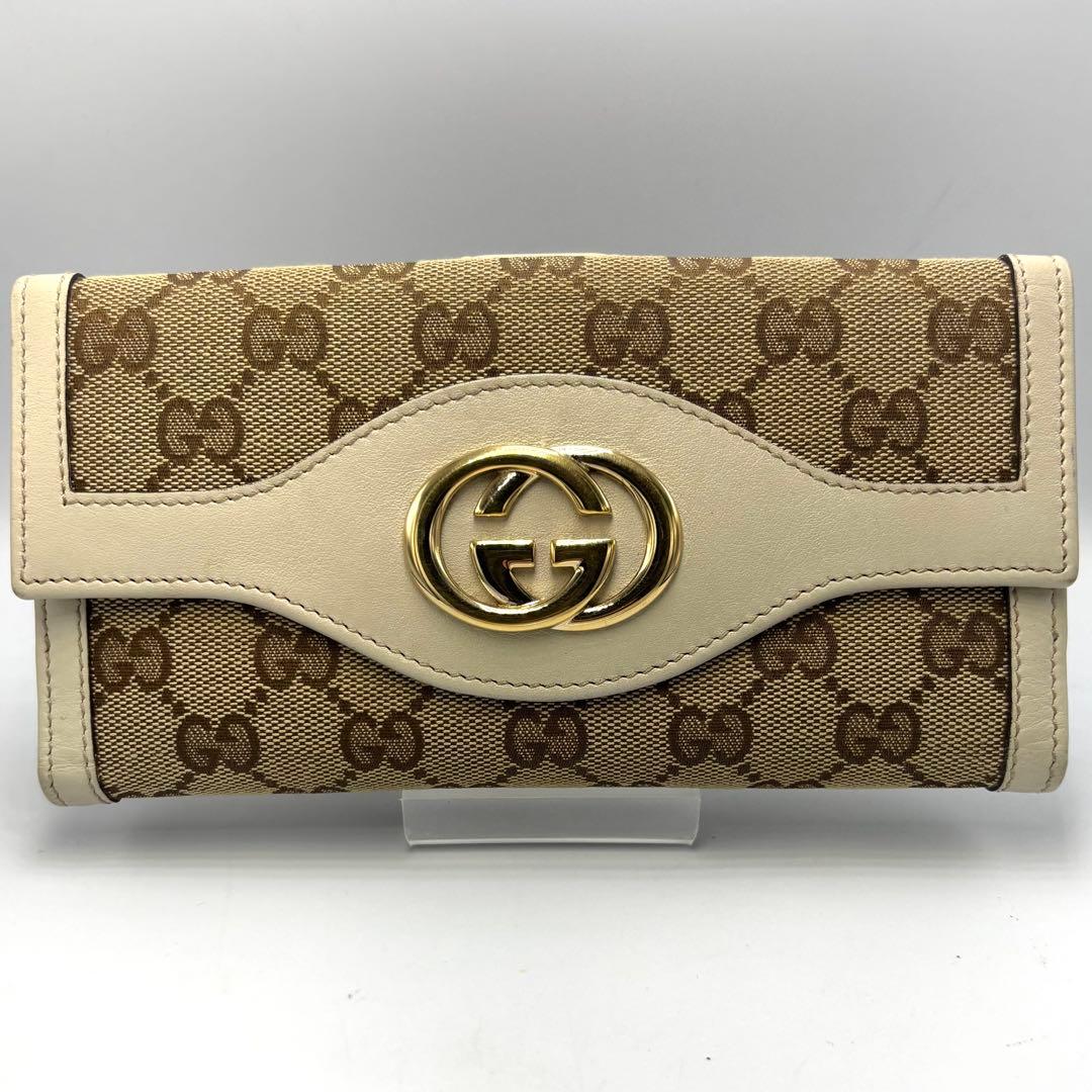 GUCCI グッチ GGキャンバス 二つ折り財布 ベージュ×アイボリー金具ロゴ