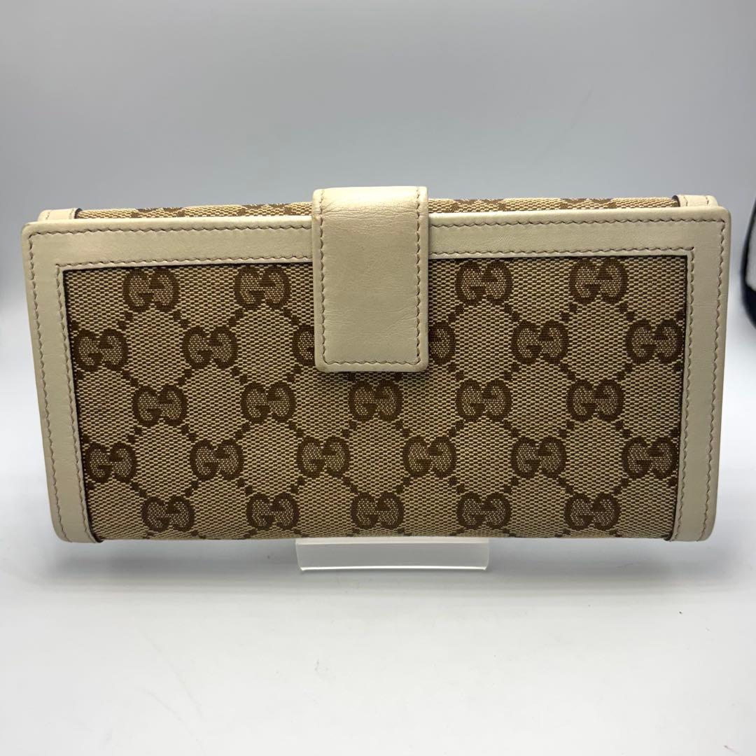 GUCCI グッチ GGキャンバス 二つ折り財布 ベージュ×アイボリー金具ロゴ