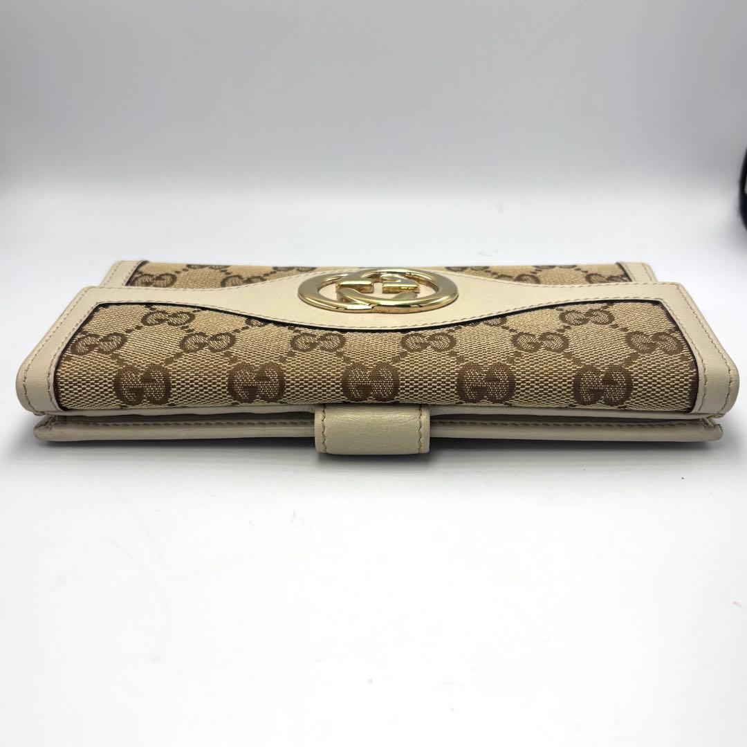 GUCCI グッチ GGキャンバス 二つ折り財布 ベージュ×アイボリー金具ロゴ