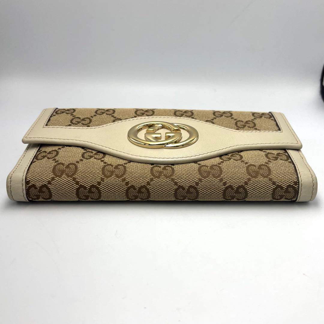 GUCCI グッチ GGキャンバス 二つ折り財布 ベージュ×アイボリー金具ロゴ