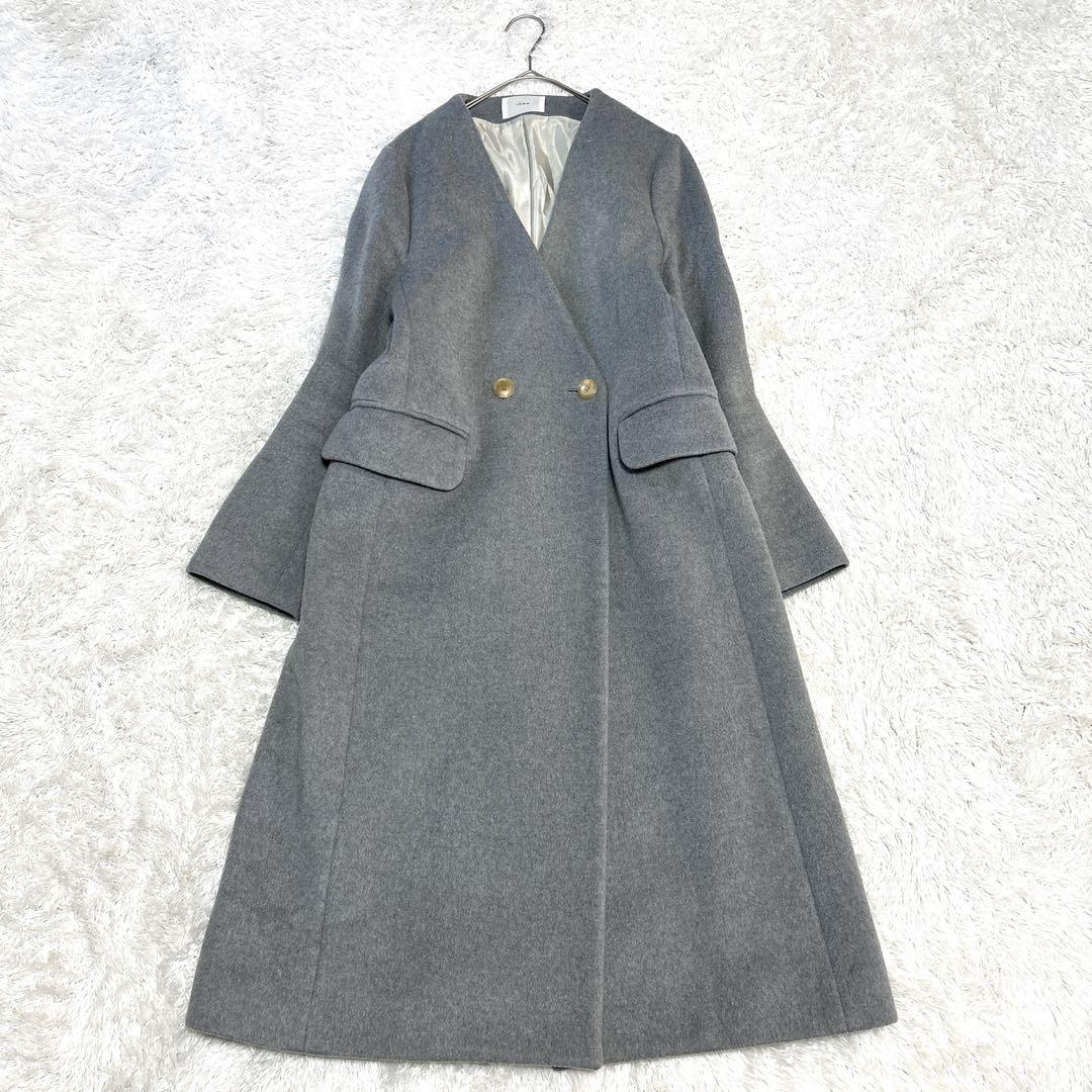 イエナノーカラー　ロングコート　ダブル　ウール　Ｖネック　グレー　L