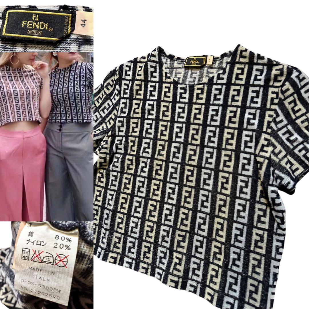国内正規品！美品！FENDI パイル生地 半袖カットソー ズッカ柄 44 ブルー