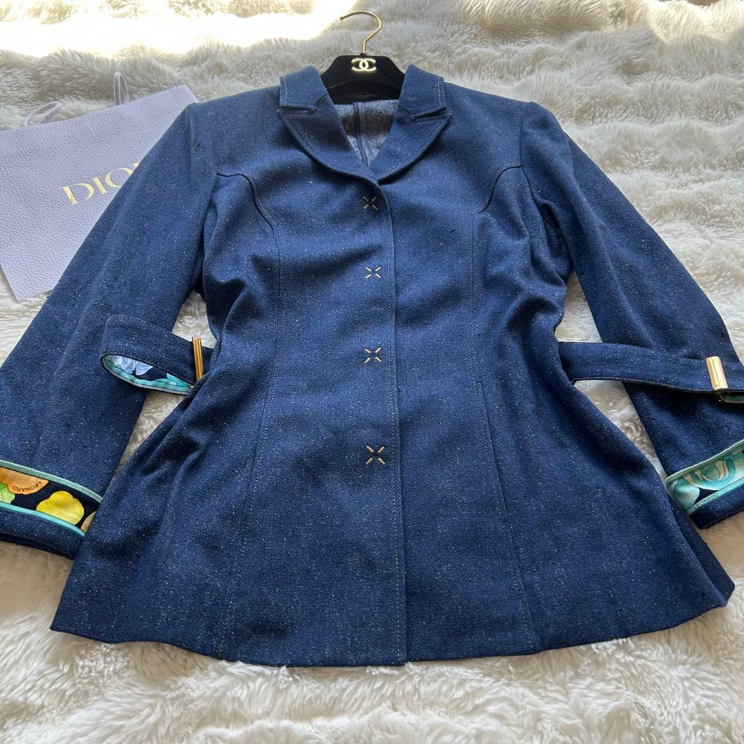 【美品】LEONARD レオナール シルク100% デニムジャケット ベルト付き