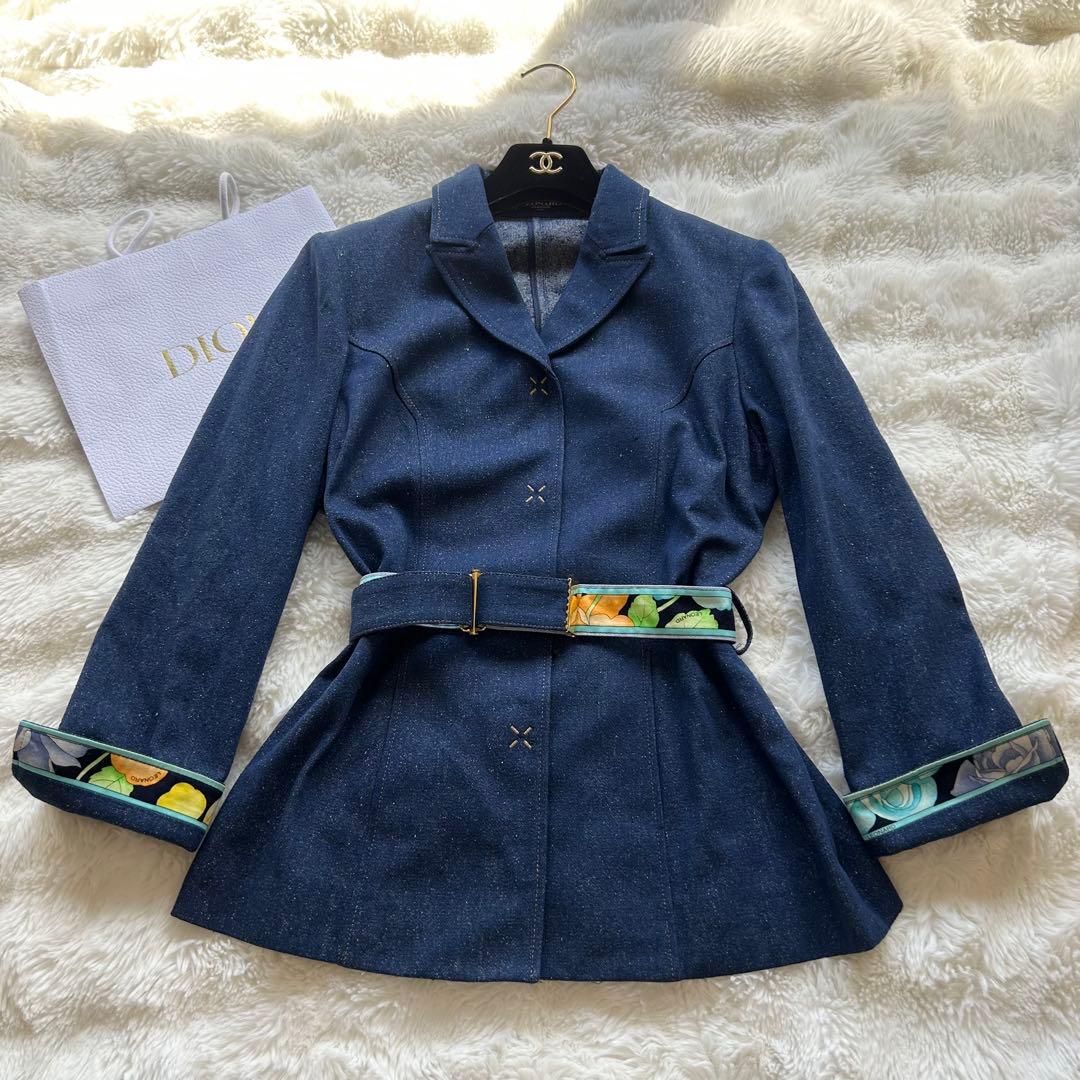 【美品】LEONARD レオナール シルク100% デニムジャケット ベルト付き
