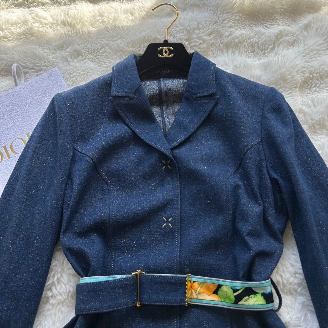 【美品】LEONARD レオナール シルク100% デニムジャケット ベルト付き