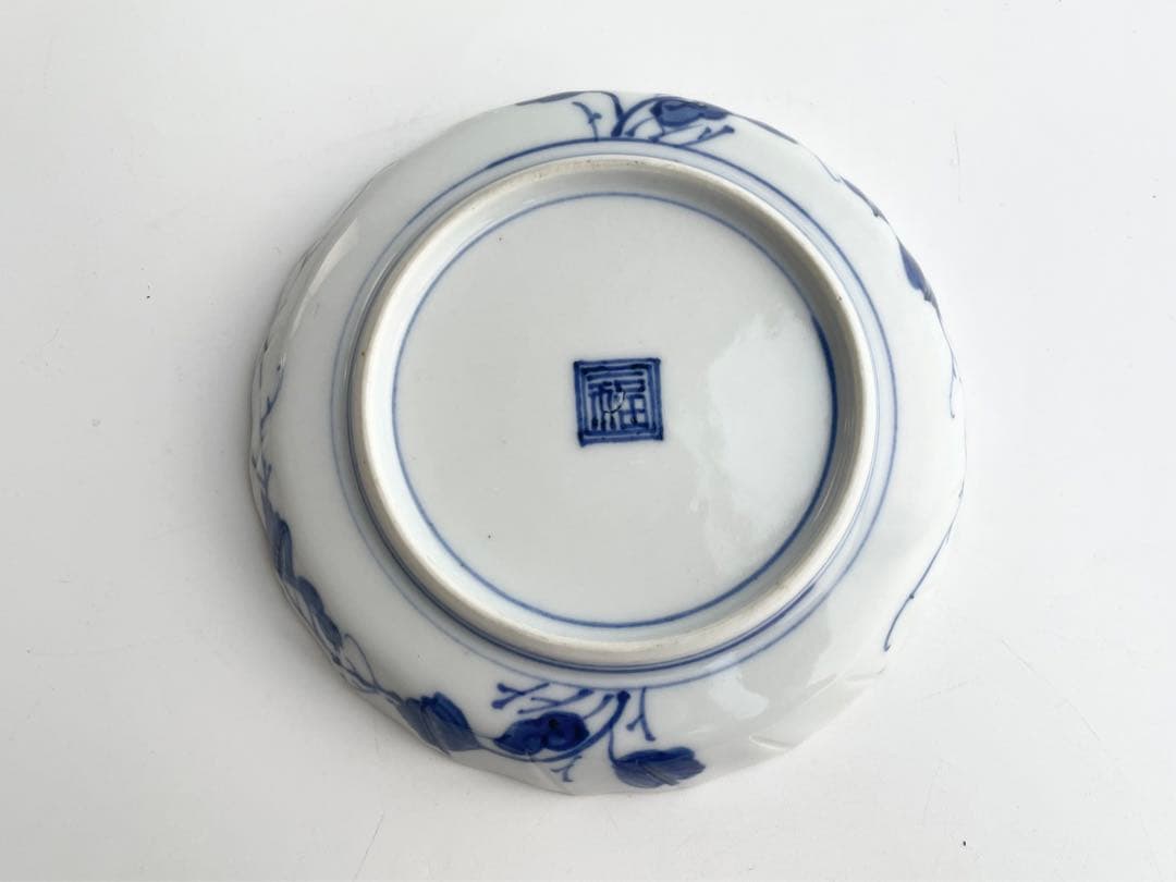 染付　竹虎図　小皿　縁錆　輪花縁　角福　直し　ニュウあり