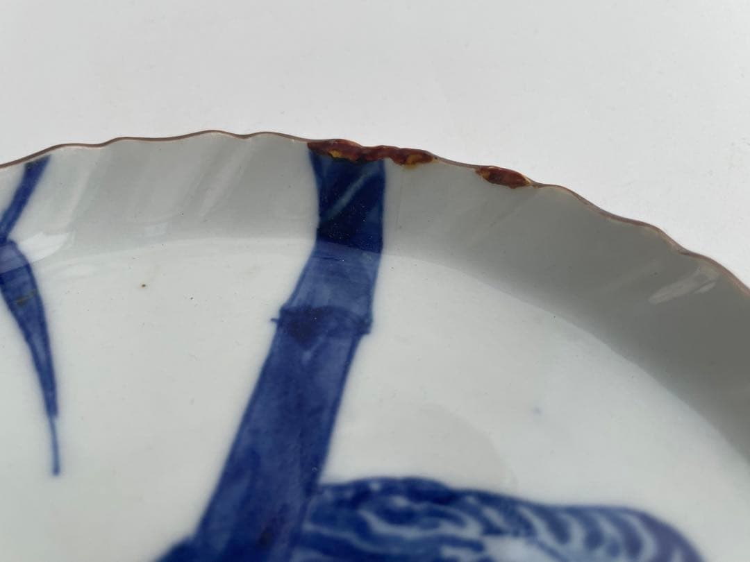染付　竹虎図　小皿　縁錆　輪花縁　角福　直し　ニュウあり