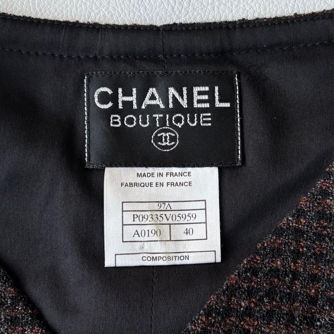 CHANEL ツイード　膝丈ワンピース　ココボタン　ペプラム　ダークブラウン