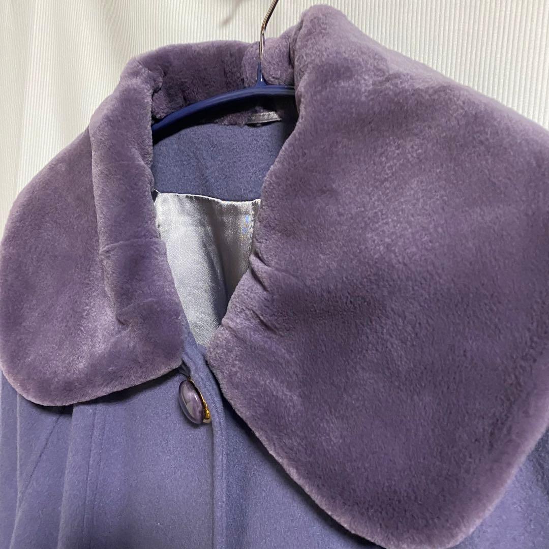 美品 カシミアコート Aライン パープル フリーサイズ カシミア混　体型カバー