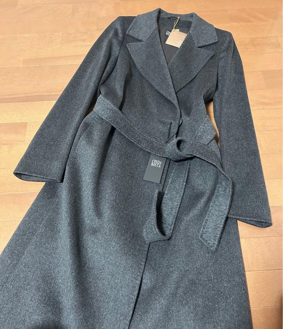 新品タグ付　イタリア製　CINZIA ROCCA　ロングコート　高級　グレー　艶