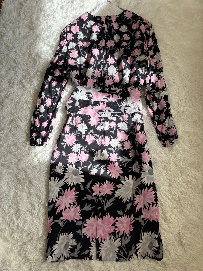 HANAE MORI 花柄ワンピース シルク100% 黒 M相当 ベルト付