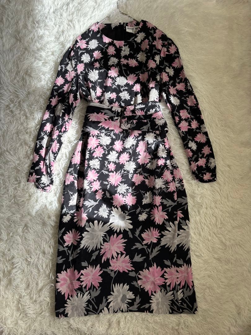 HANAE MORI 花柄ワンピース シルク100% 黒 M相当 ベルト付