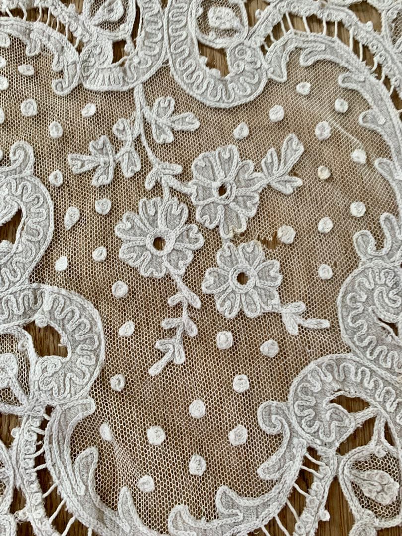 フランスアンティークコーネリー刺繍チュールレースカーテン※スカラップ刺繍