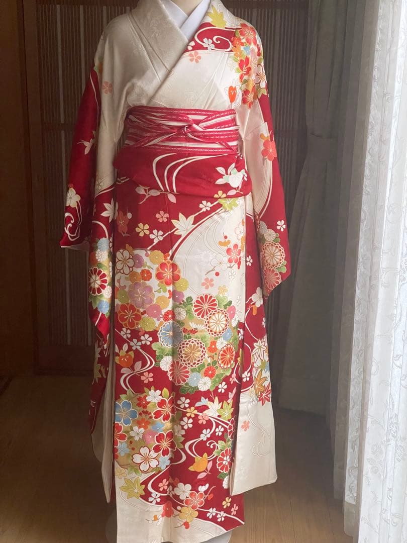 【久保耕】古典総柄 京友禅振袖 赤×白 ガード加工済　流水 四季花 成人式 正絹