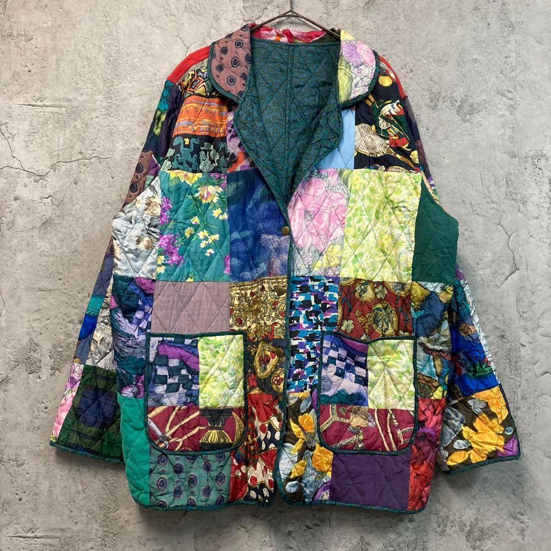 ☆US古着☆シルク【民族 ヒッピー キルティング パッチワークジャケット】2XL