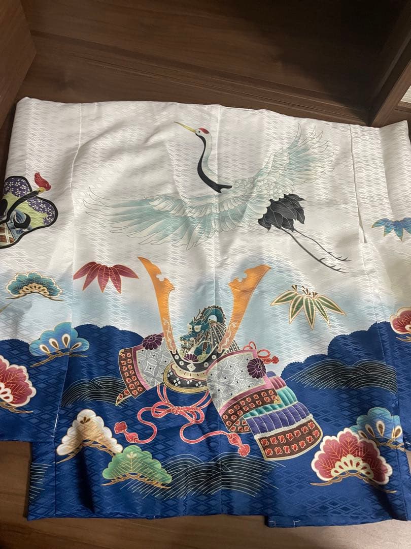 お宮参り用 絹製衣装 鶴と兜と松の刺繍七五三男の子