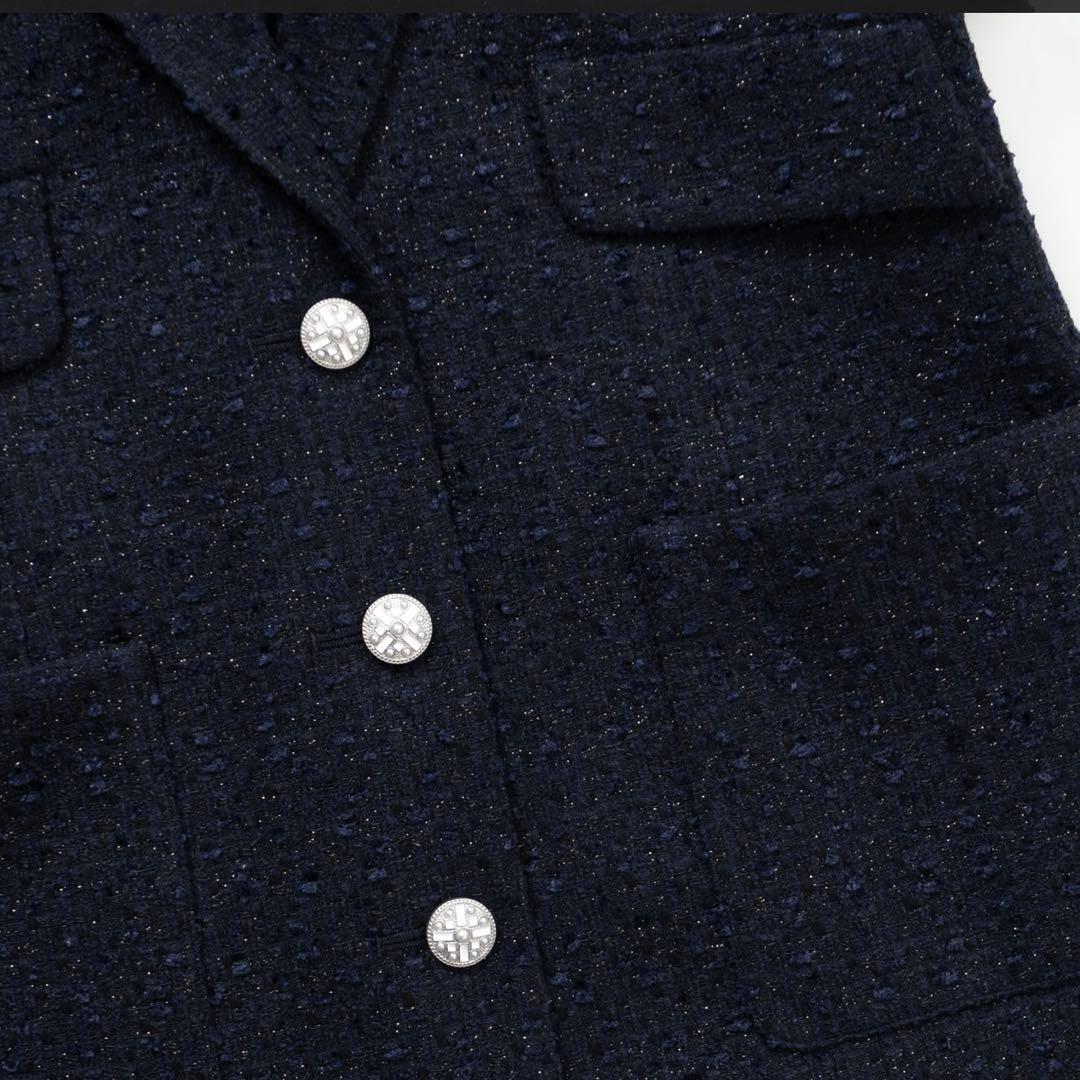 美品 ルネ Rene ツイードロングジャケット ネイビー 36号