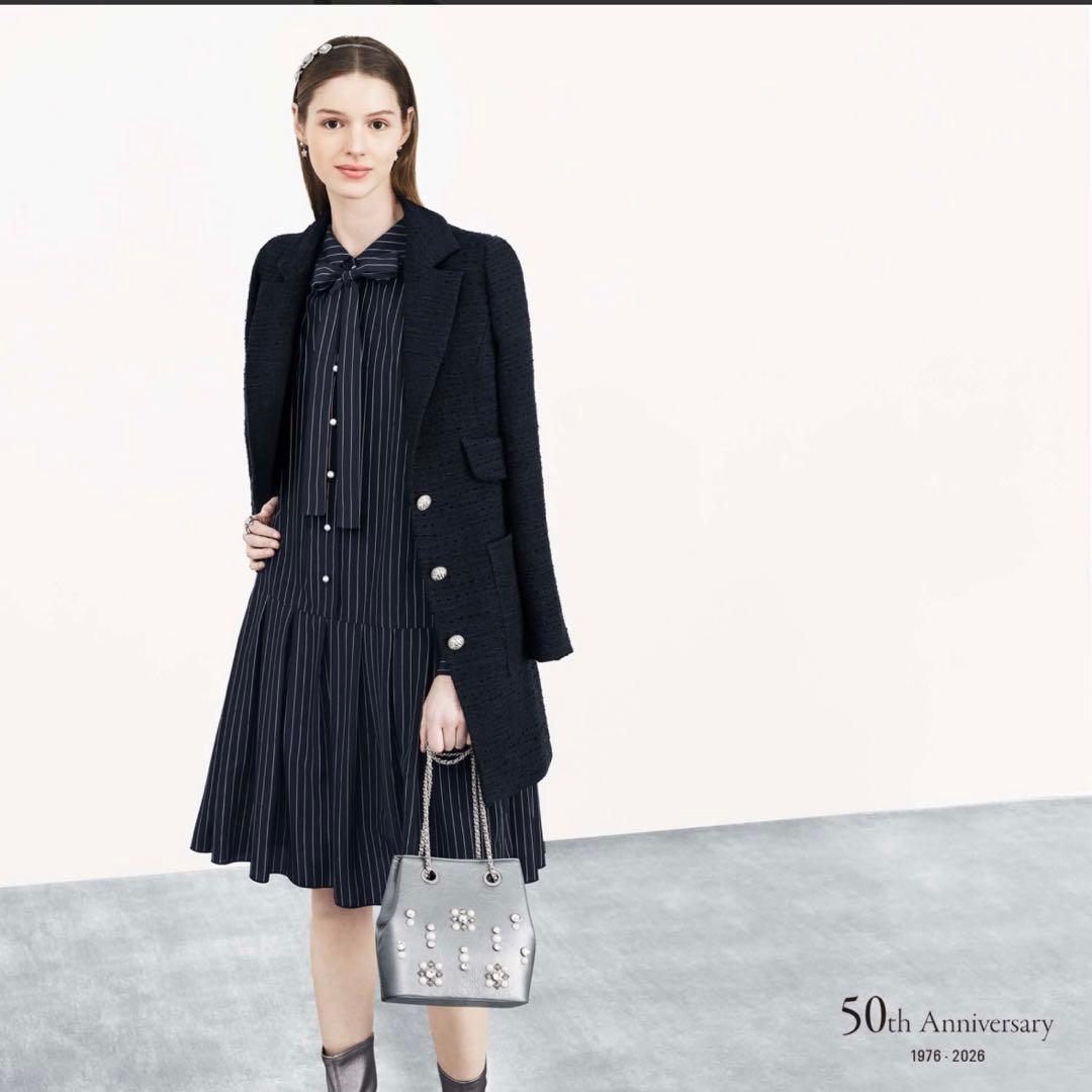 美品 ルネ Rene ツイードロングジャケット ネイビー 36号