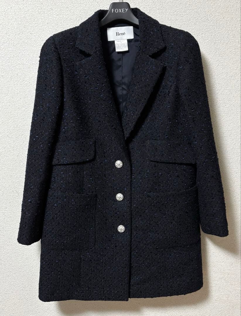美品 ルネ Rene ツイードロングジャケット ネイビー 36号