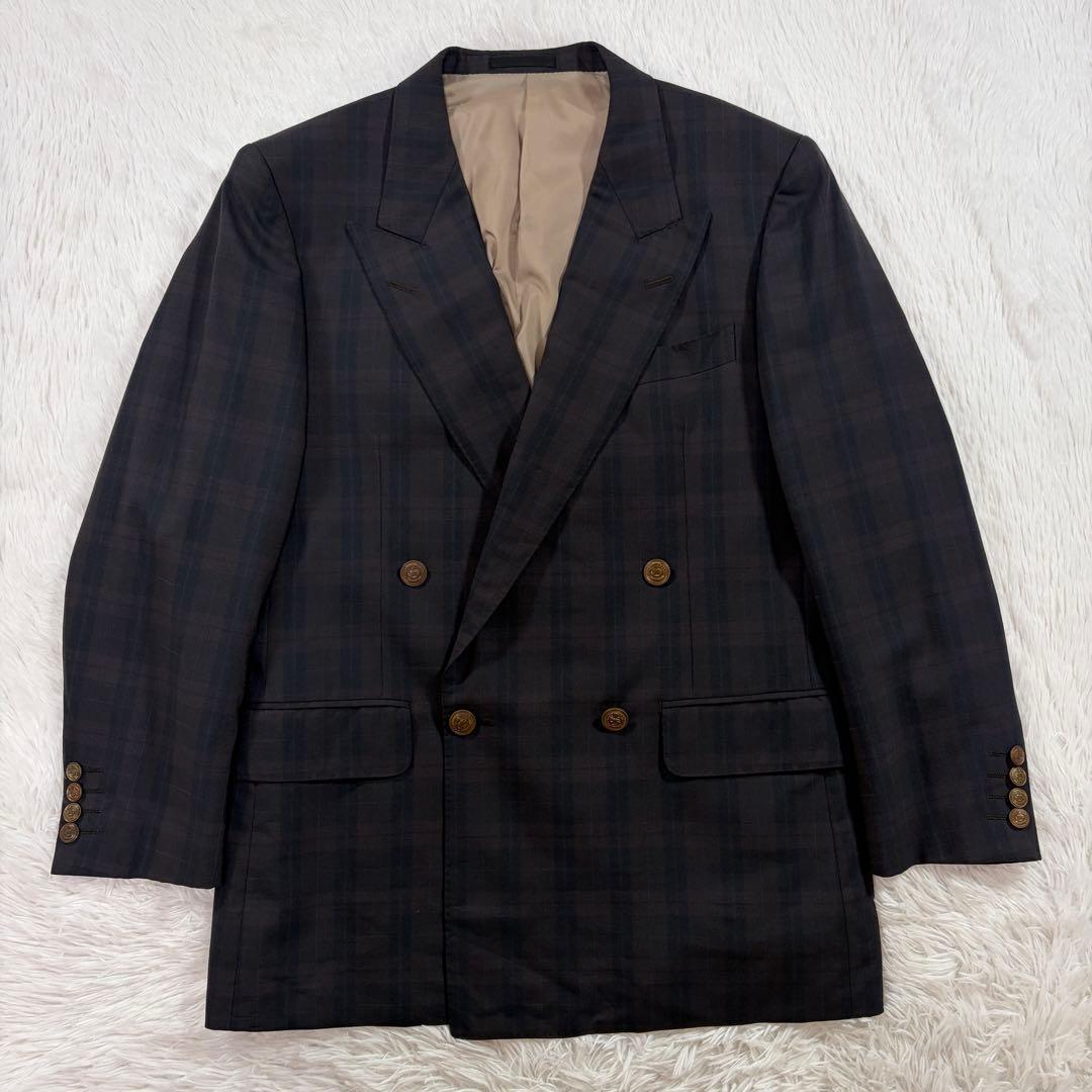 極美品 バーバリーズ 紺ブレ ダブル チェック柄 復刻金ボタン L 背抜