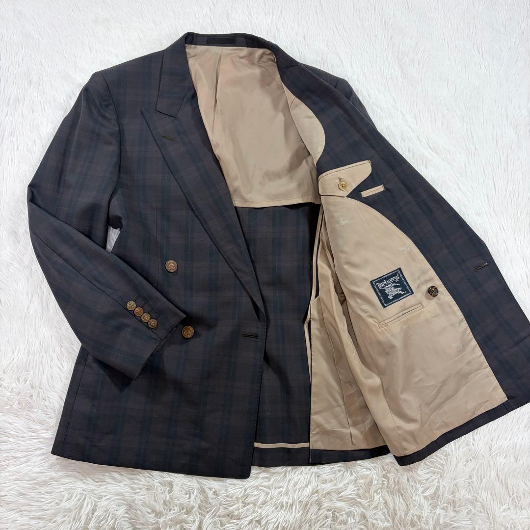 極美品 バーバリーズ 紺ブレ ダブル チェック柄 復刻金ボタン L 背抜