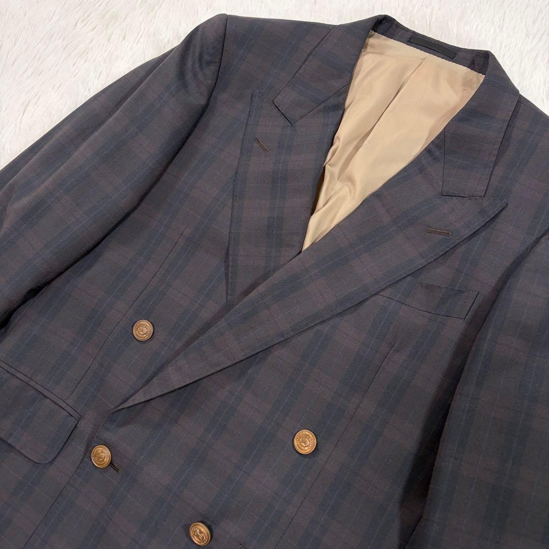 極美品 バーバリーズ 紺ブレ ダブル チェック柄 復刻金ボタン L 背抜