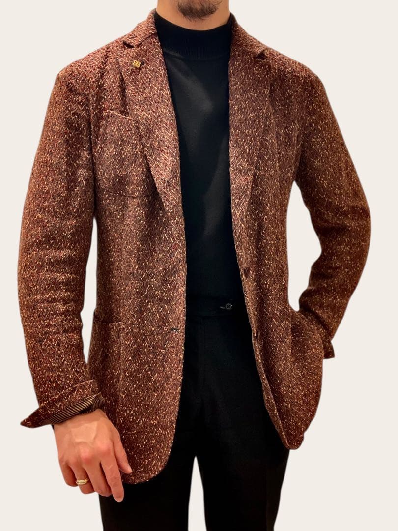 エルネスト⭐️48⭐️春夏ジャケット⭐️リネンヘリンボーン⭐️ボルドー美品