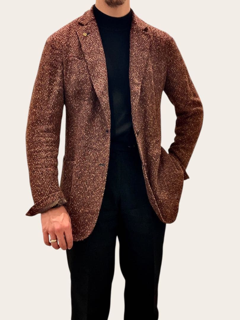 エルネスト⭐️48⭐️春夏ジャケット⭐️リネンヘリンボーン⭐️ボルドー美品
