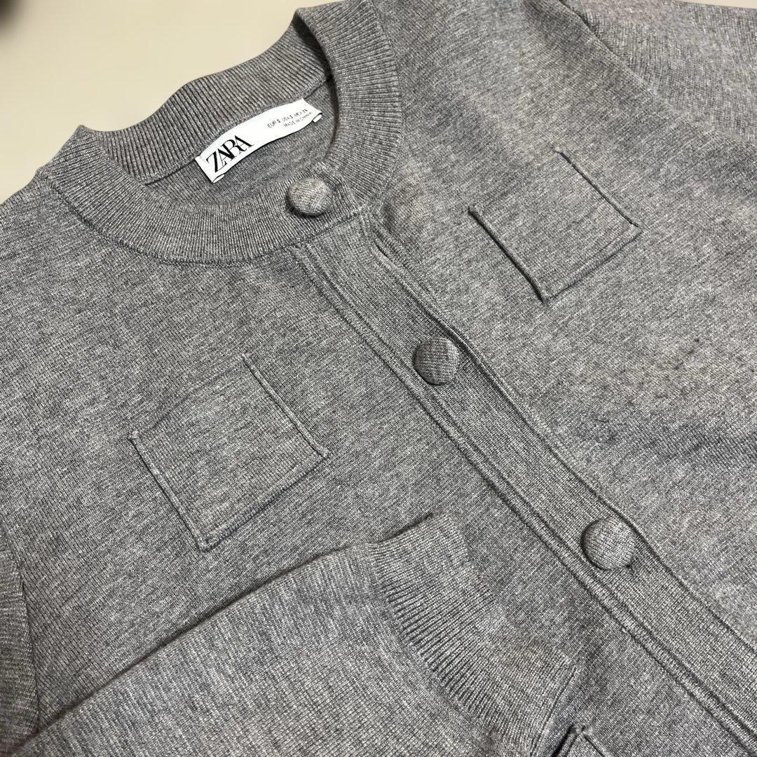 美品★ZARA プレーンニットジャケット パデッドショルダー グレー Sサイズ