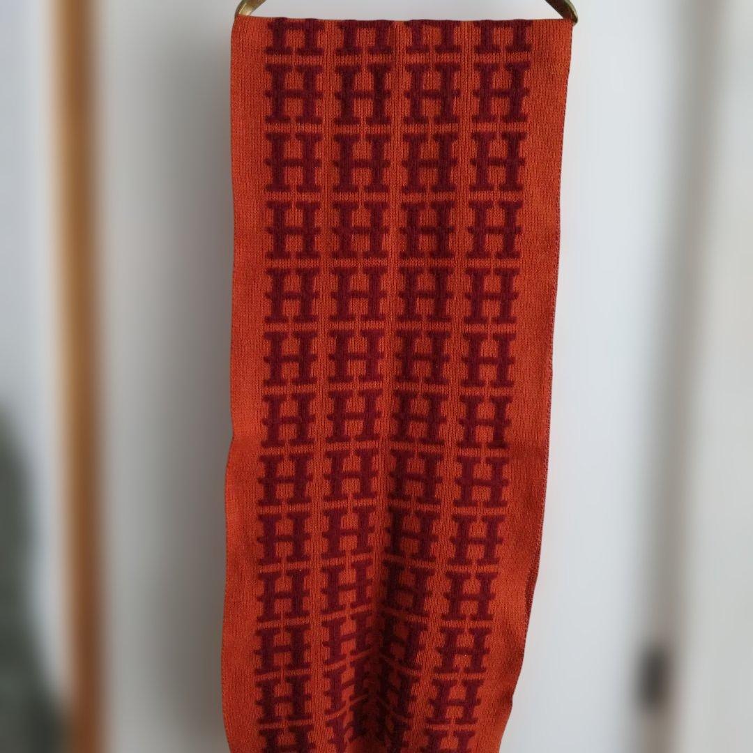 HERMES　オレンジ Hロゴパターン　カシミア100％ ストールマフラー