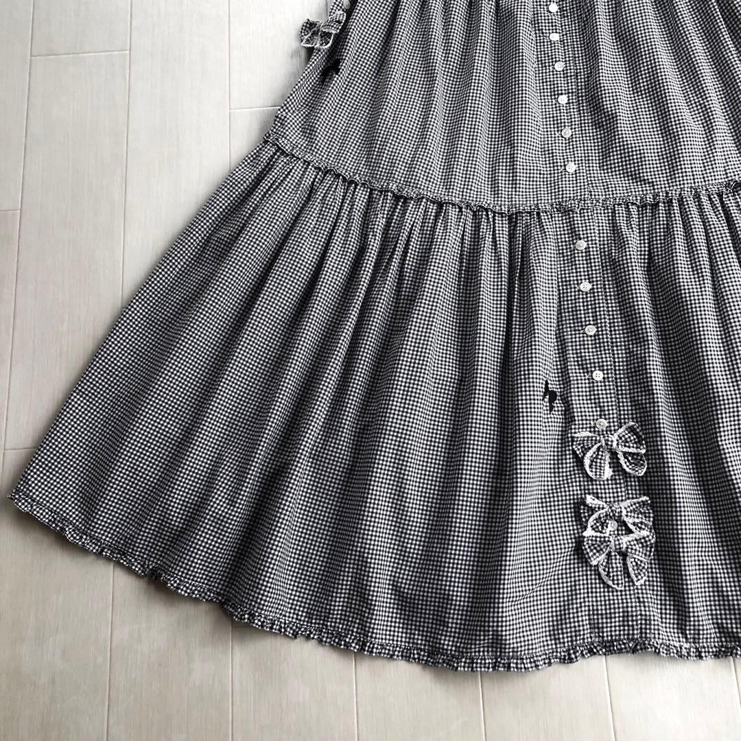 ピンクハウス 白×黒 チェック柄 リボン ピコフリル スカート