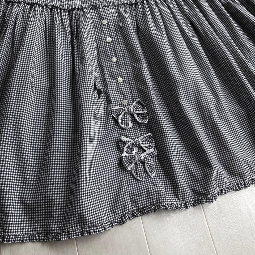 ピンクハウス 白×黒 チェック柄 リボン ピコフリル スカート