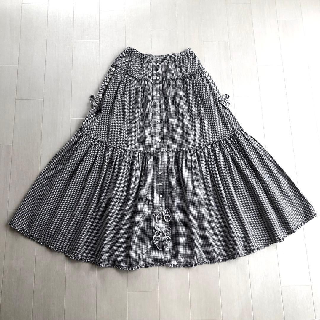 ピンクハウス 白×黒 チェック柄 リボン ピコフリル スカート