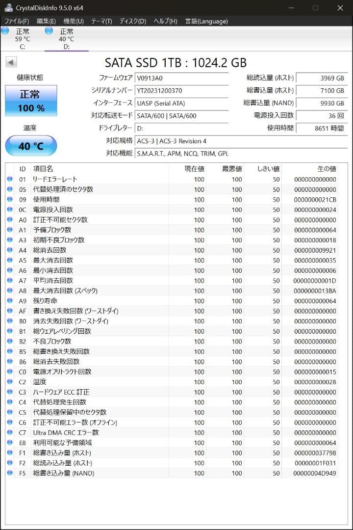動作確認済 1TB SSD DATO DS700SSDA-1TB TBW 約7T