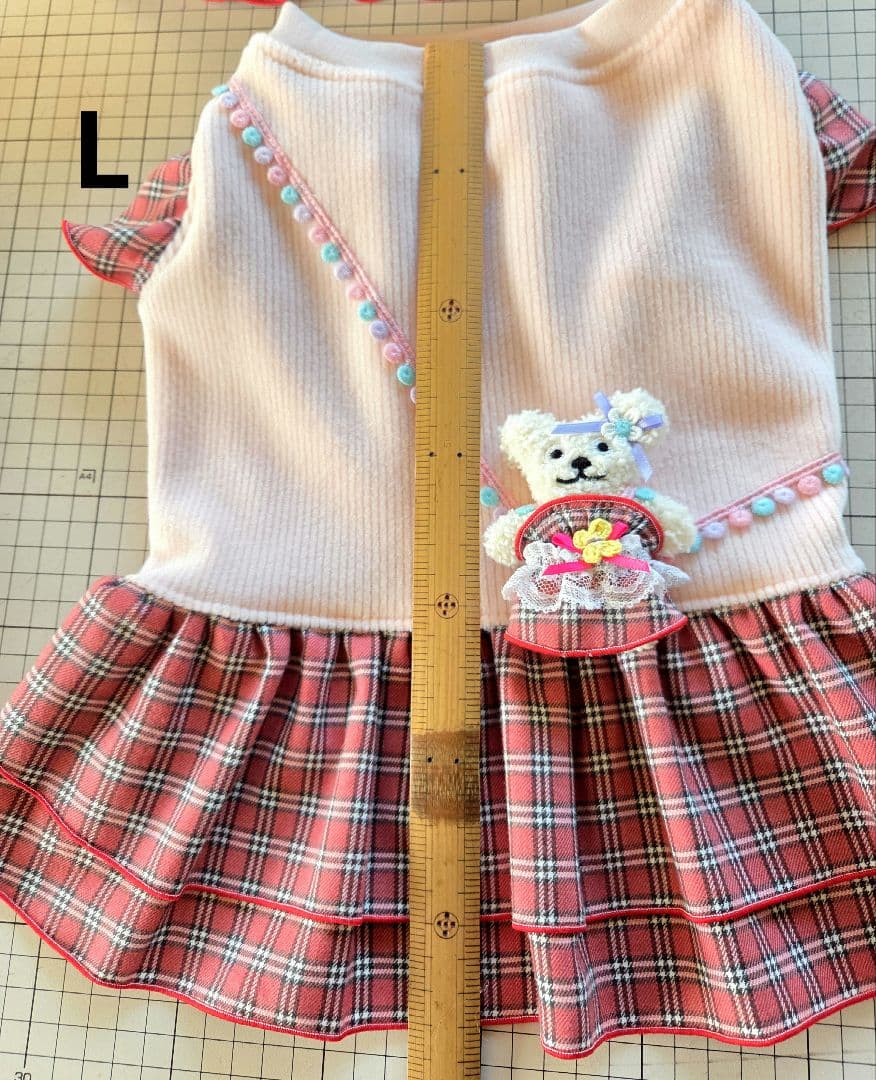 ハンドメイド　犬服 暖か❗キュートなピンクチェックフリルワンピース