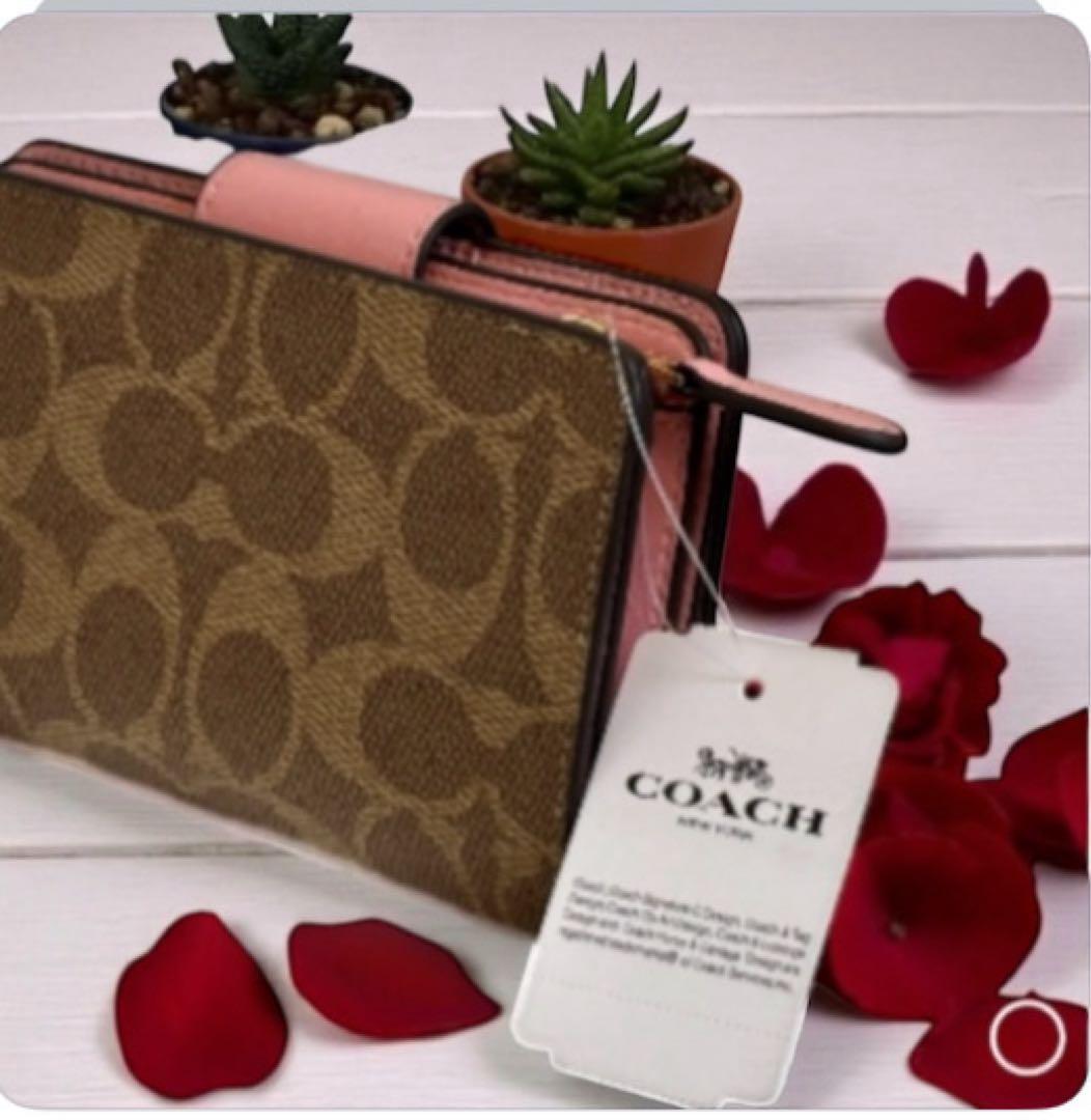【新品】COACH ★二つ折り財布 ブラウン/ピンク【新品】